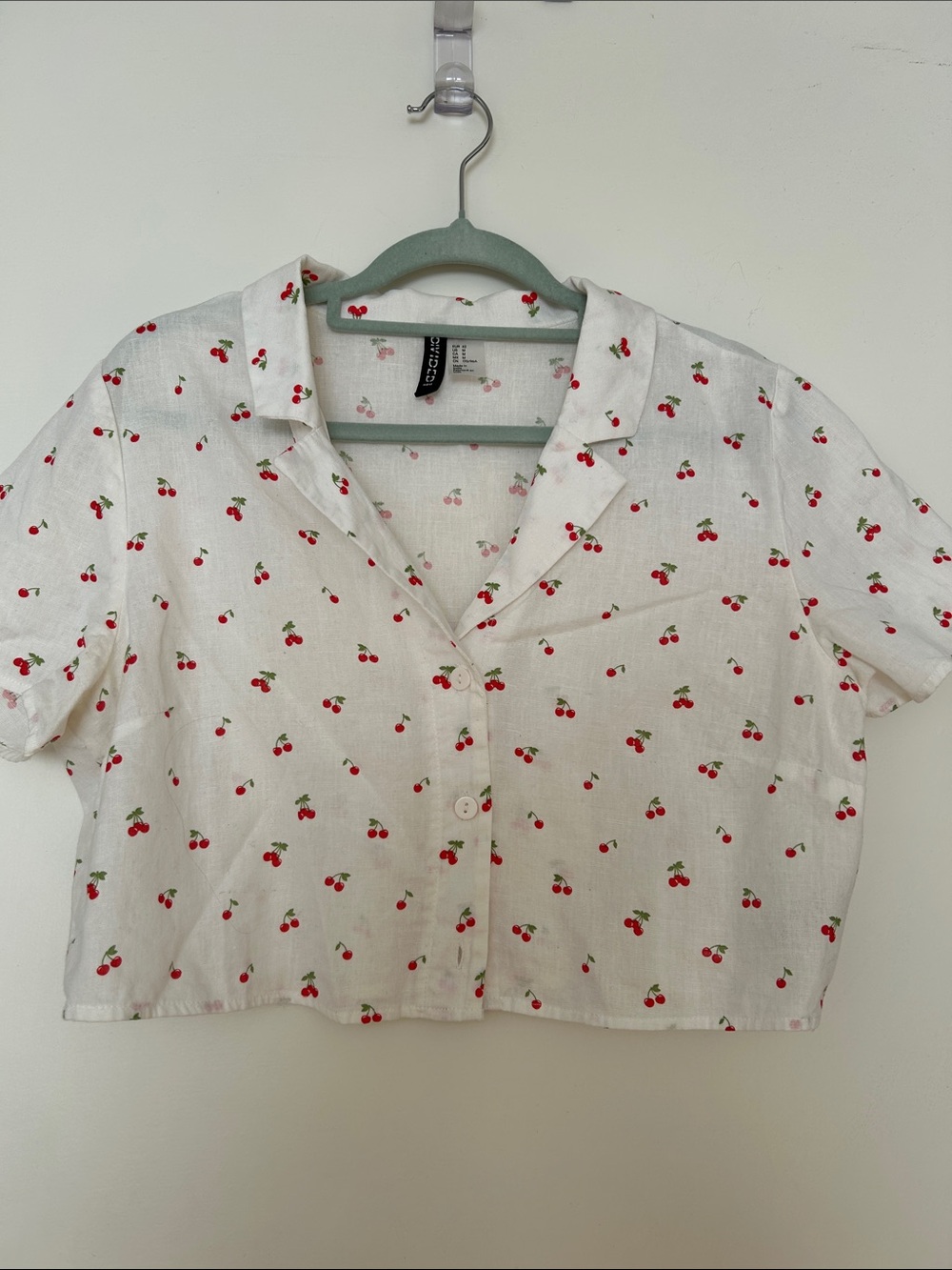 Cherry Print White Button-Up Crop Top